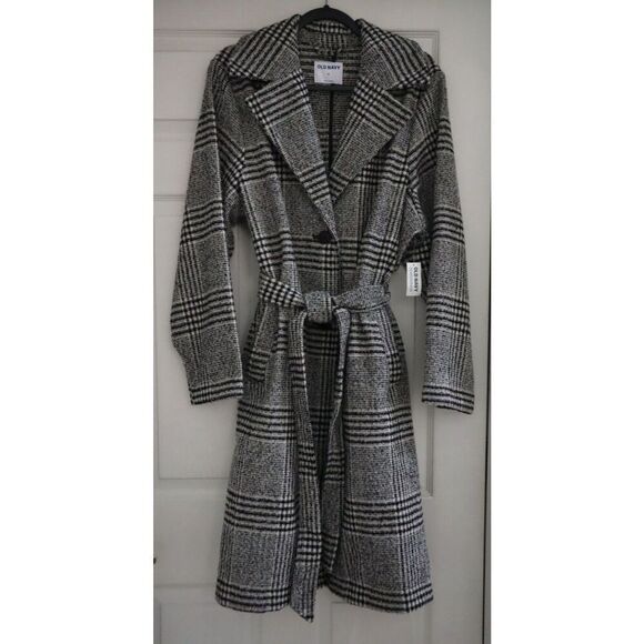 Old Navy 809503-001 Women's Sz XL Black Plaid Belted Overcoat - Picture 1 of 13